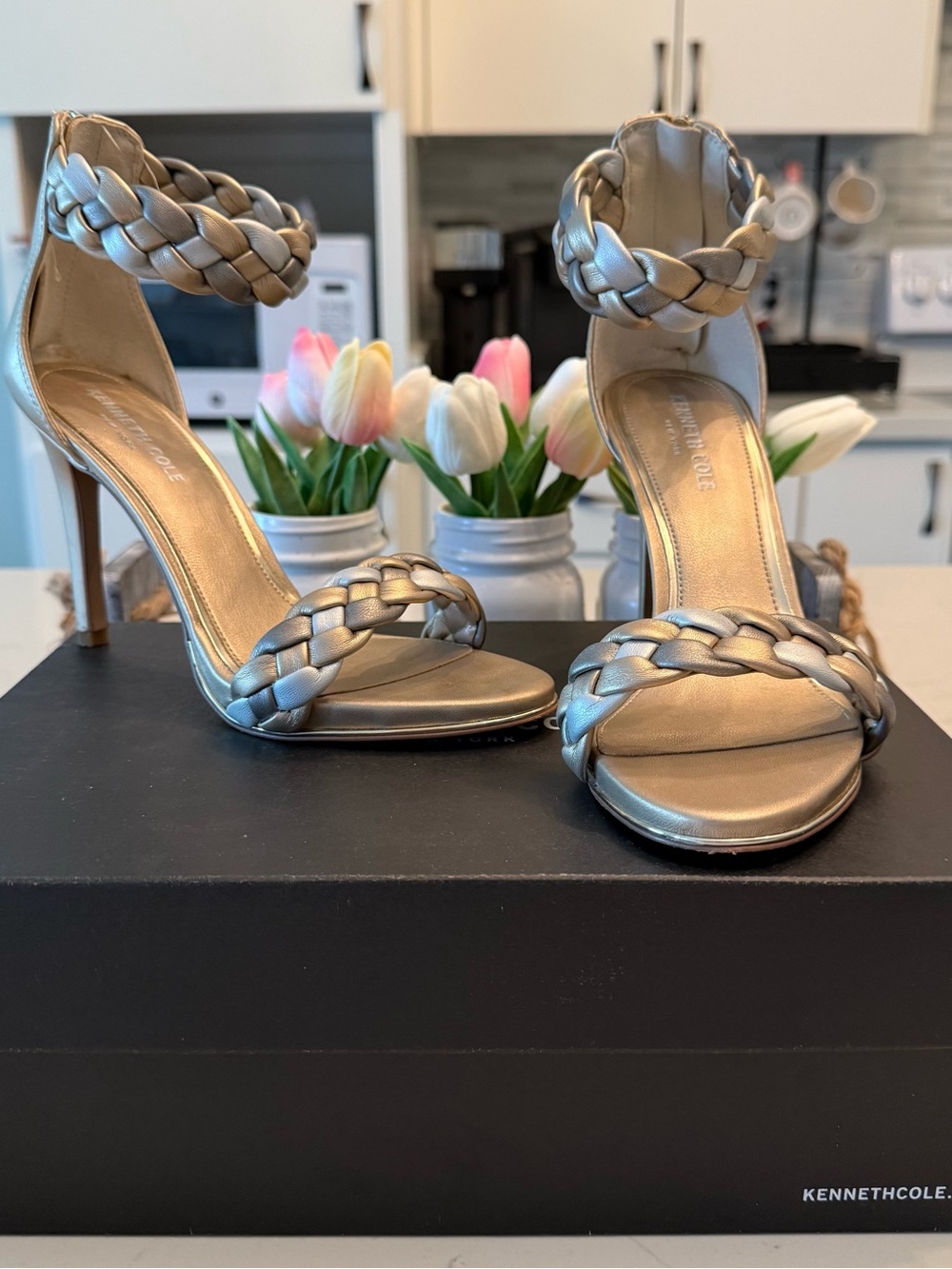Kenneth Cole Braided Metallic Ankle-Strap Heels - Silver